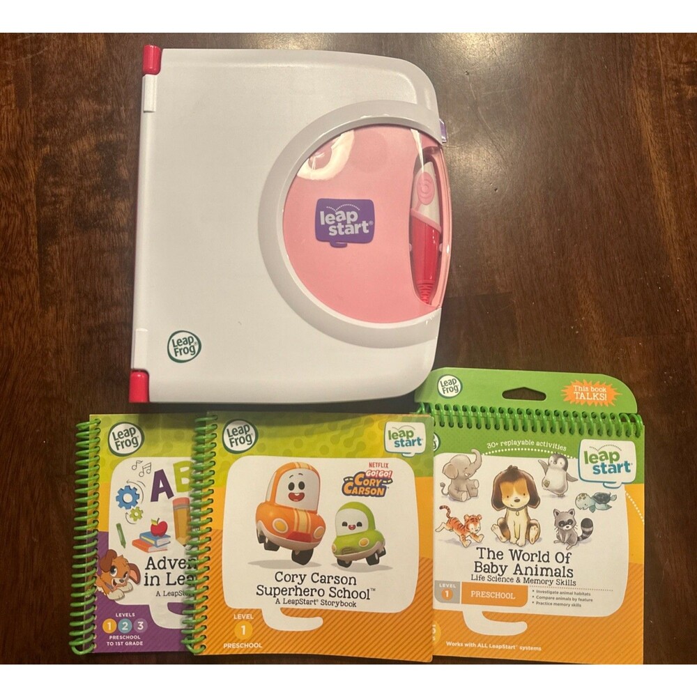 LeapFrog LeapStart Pink White Learning System w/ 2 Preschool Books Works Great!
